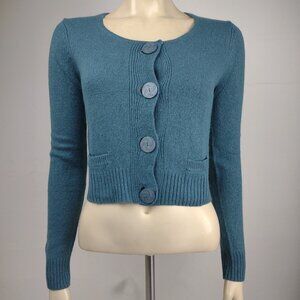 WHR teal blue wool angora blend cardigan sweater elbow patches ladies Small